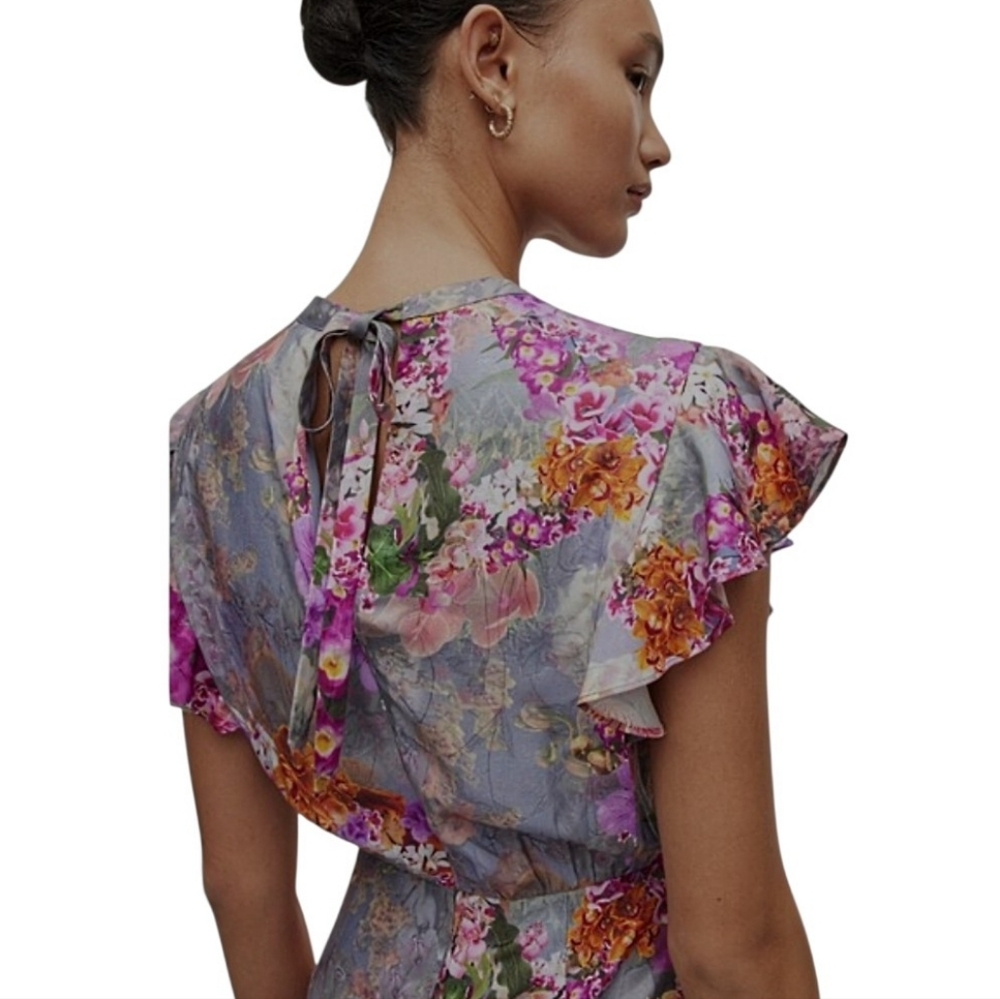All Saints Jemille Lucia Silk Blend Lined Mini Dress Flutter Sleeves Grey Floral - Picture 3 of 16